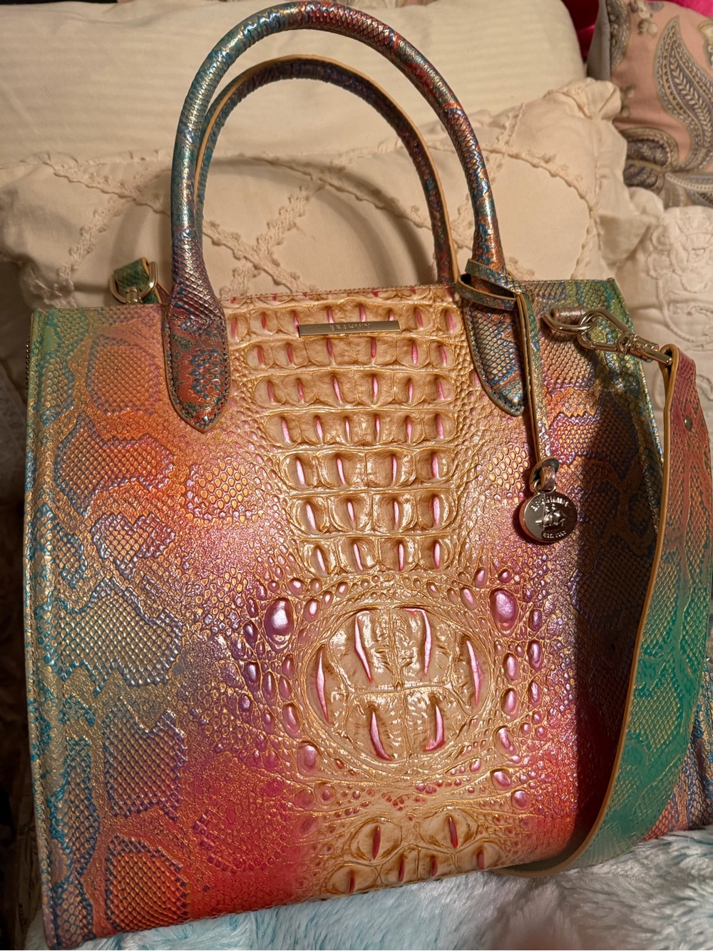Brahmin Multicolor Iridescent Croc-Embossed Satchel with Pink and Teal Accents